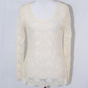 LNC Floral Shirt Lace See-through Maurices Medium Long Sleeve Top Cream Coverup